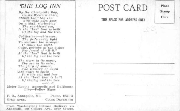 Annapolis Maryland The Log Inn Vintage Postcard AA69935 - Image 2