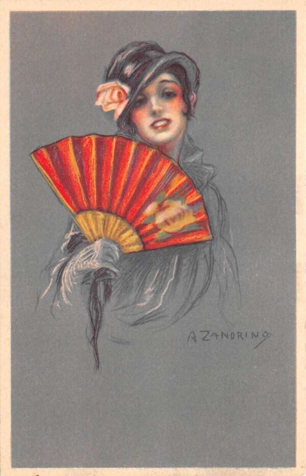 Beautiful Lady with Red Orange Fan Artist Signed Adelina Zandrino PC AA69952