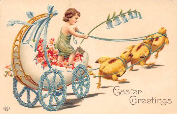 Easter Greetings Child in Egg Cart Pulled By Chicks, Embossed, Vintage PC U8934