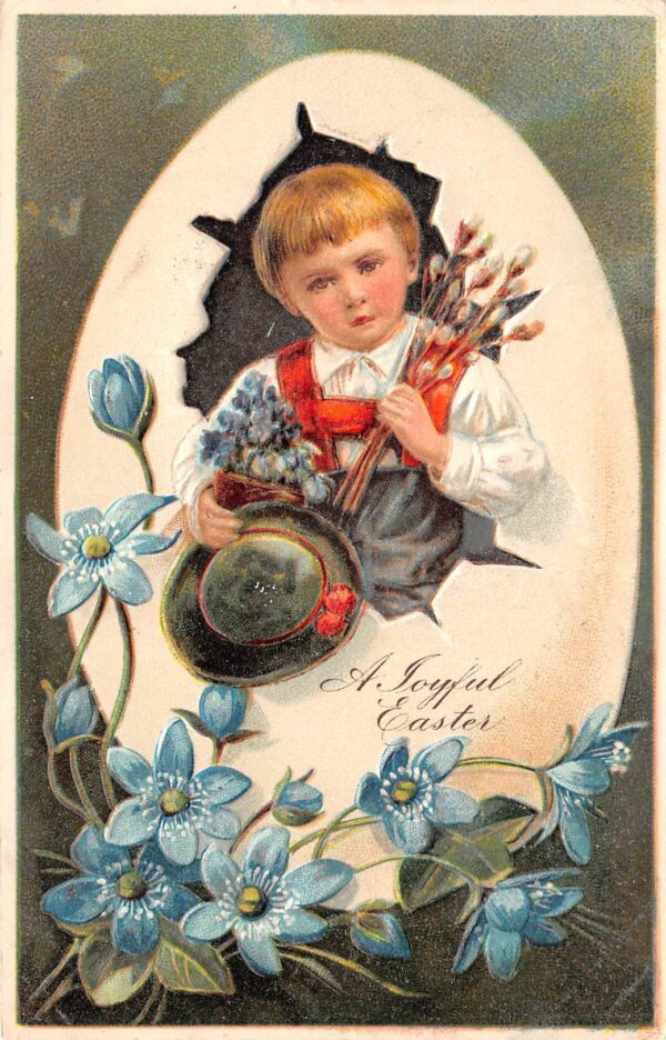 A Joyful Easter Boy With Hat & Flowers Inside Egg, Embossed,Vintage PC U8943