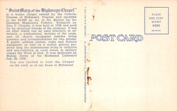 Richmond Virginia Diocesan Missionary Father Traveling Chapel Trailer PC AA70054 - Image 2