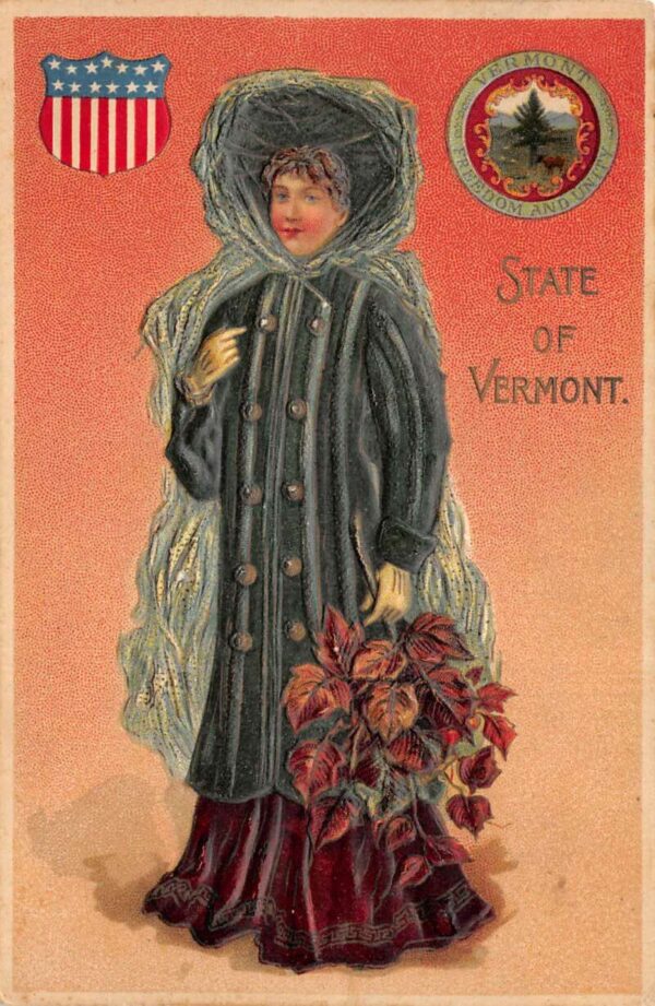 Vermont State Girl Lady in Green with Leaves Langsdorf Vintage Postcard AA70069