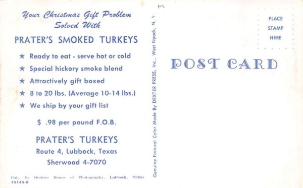 Lubbock Texas Prater's Turkeys Christmas Gift Food Adv Vintage Postcard AA70075 - Image 2