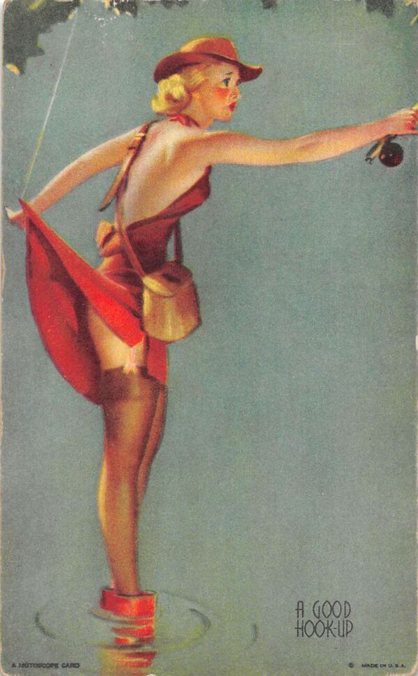 Pin Up Girl "Good Hook-Up" Fishing Vintage Arcade Card AA70077