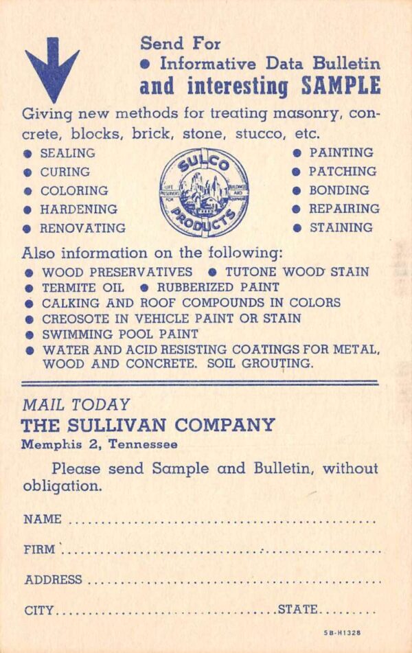 Memphis Tennessee Sullivan Laboratories Adv Vintage Postcard AA70095
