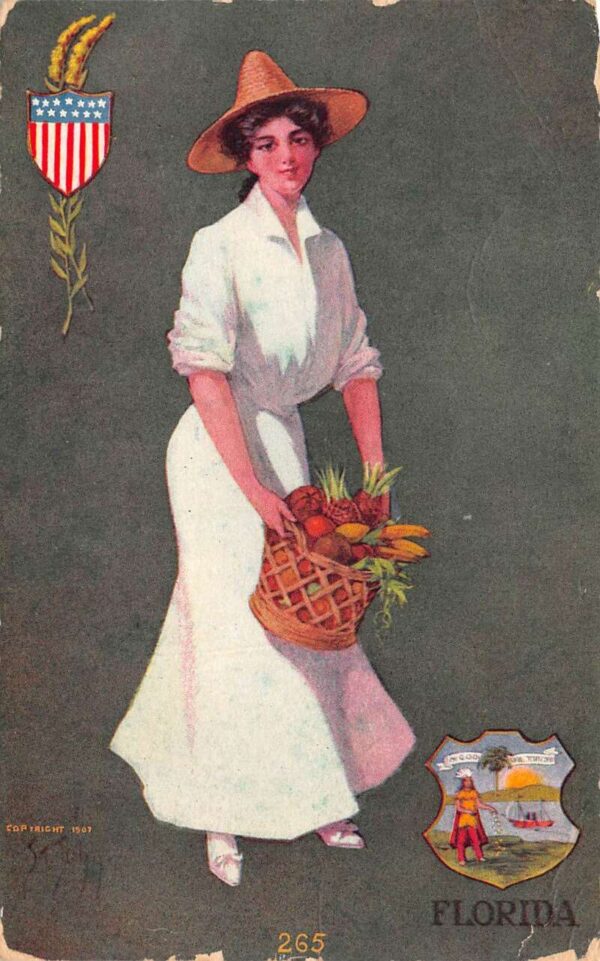 Florida State Girl with Basket of Fruit Langsdorf Vintage Postcard AA70117