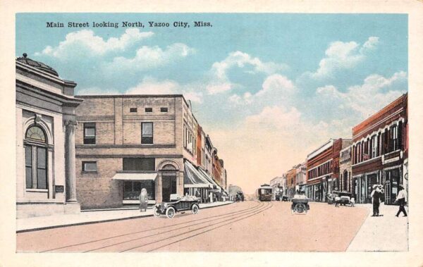 Yazoo City Mississippi Main Street Looking North, Trolley Car Shown PC U9033