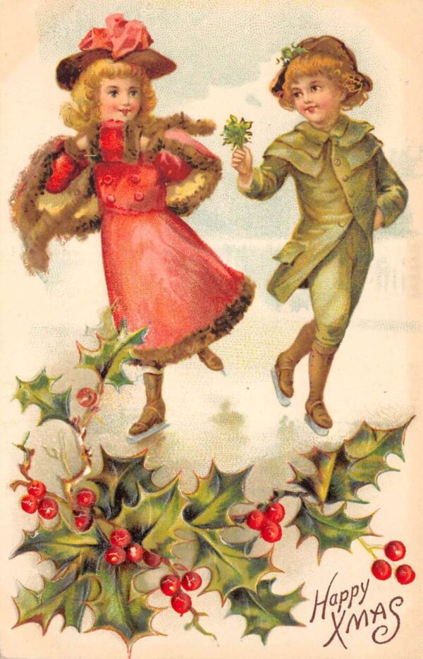 Happy Xmas Children With Ice Skates & Hollies, Embossed, Vintage PC U9044
