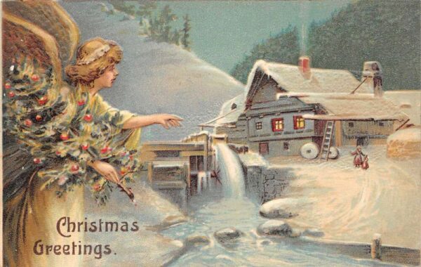 Christmas Greetings Angel W/ Christmas Tree Visits Winter Cabin, Embossed, PC U9045