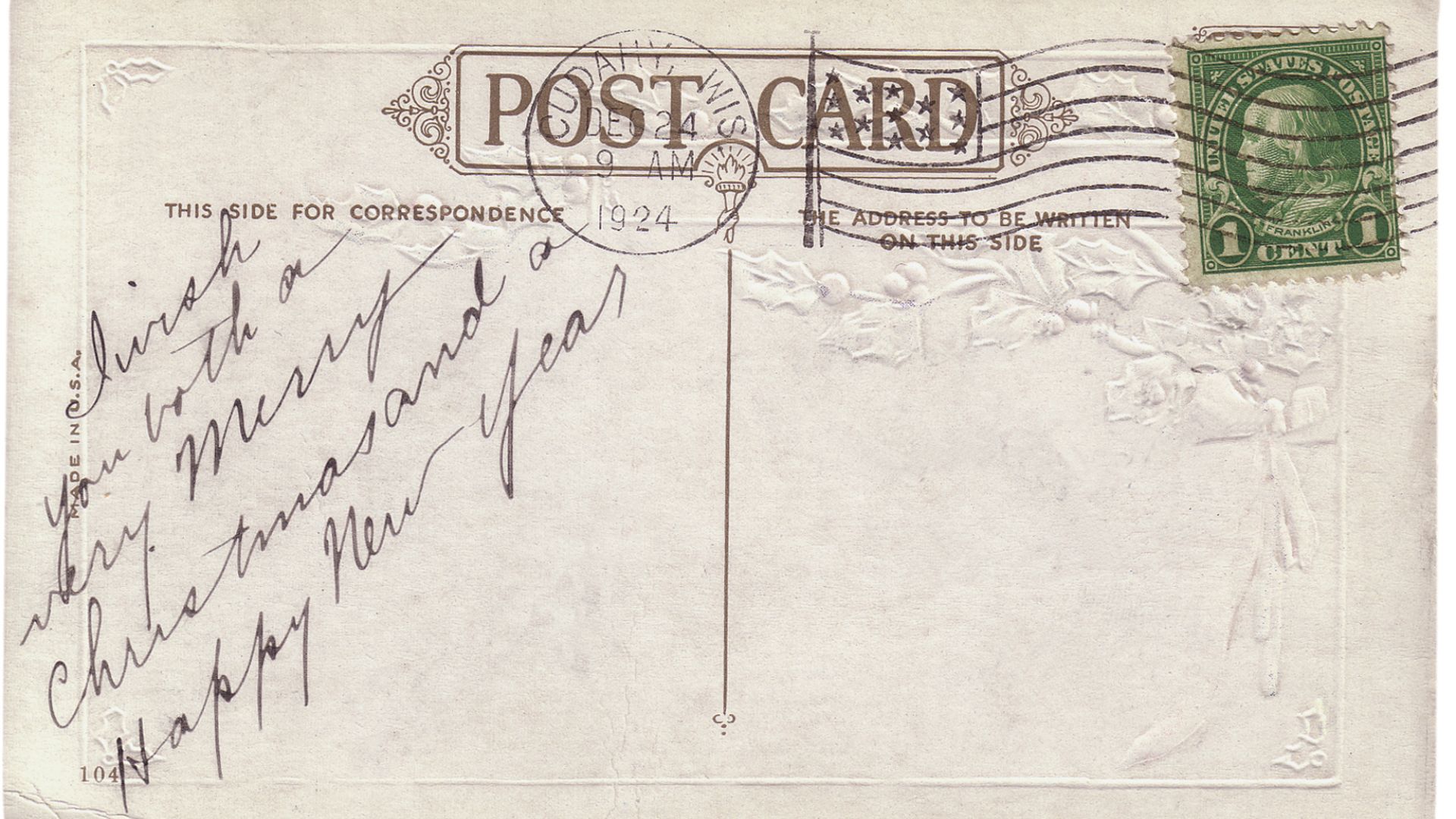 Postcard with writing on it.