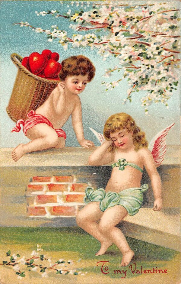 To My Valentine Cupid W/ Hearts And Angel, Embossed, Vintage Postcard U9180