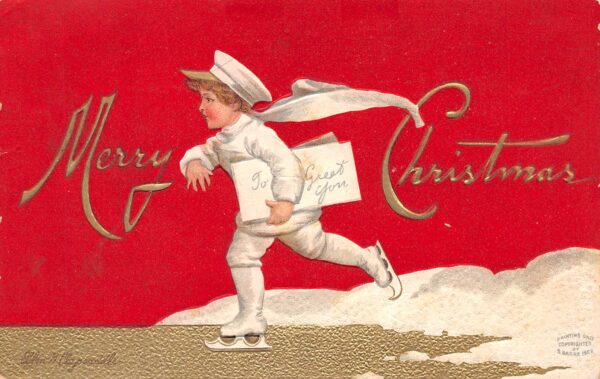 Merry Christmas Ice Skating Boy W/ Letter, Clapsaddle, Vintage Postcard U9181