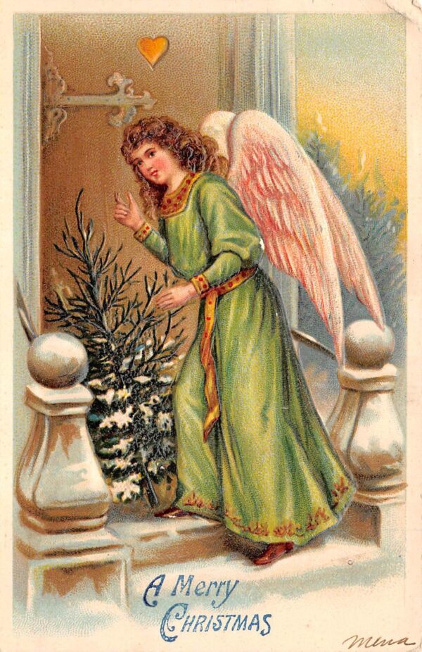 A Merry Christmas Angel W/ Christmas Tree, Embossed, Vintage Postcard U9188