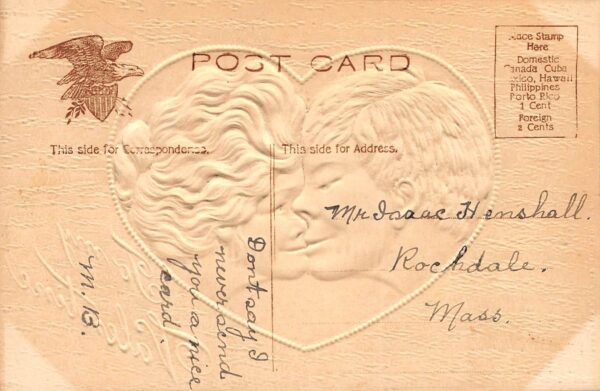 To My Valentine Man & Woman Kiss Inside Red Heart, Embossed, PC U9196 - Image 2