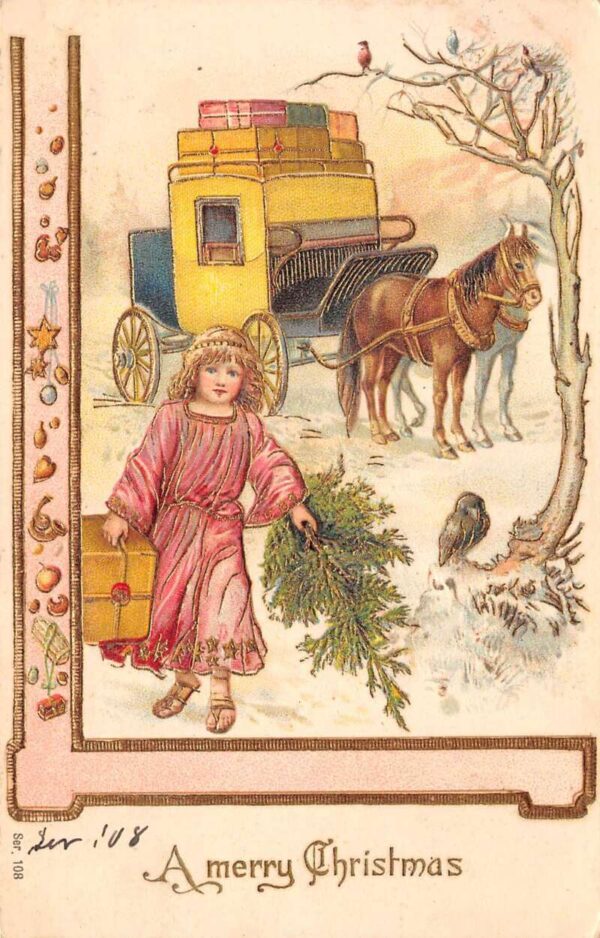 A Merry Christmas Child W/ Pine Tree & Parcel, Horse & Carriage, Embossed, PCU9200