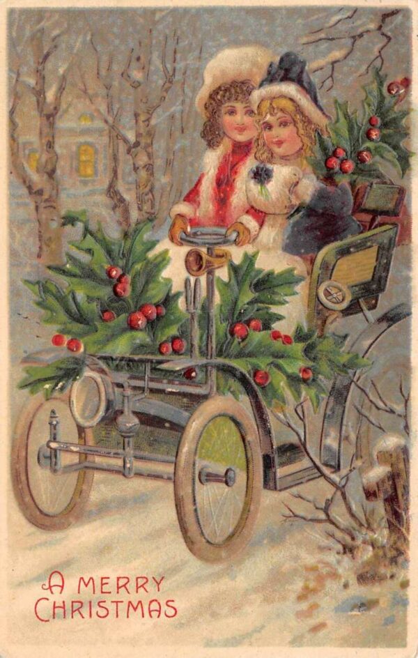 A Merry Christmas Girls Riding in Automobile, Holly Berries, Embossed, PC U9203