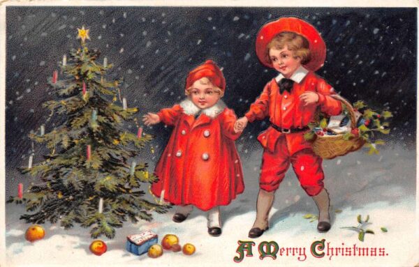 A Merry Christmas Children W/ Christmas Tree, Snow Falling, Basket Of Hollies, PCU9207
