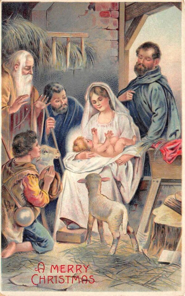 A Merry Christmas Baby Savior Manger Scene, Embossed, Vintage Postcard U9209