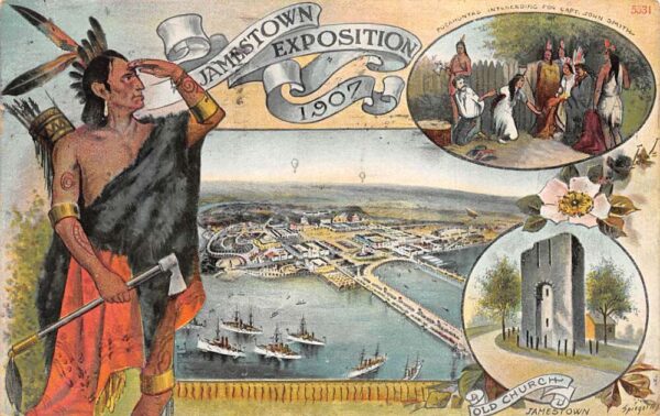 1907 Jamestown Expo Birds Eye View Old Church Indian Border Postcard AA70201