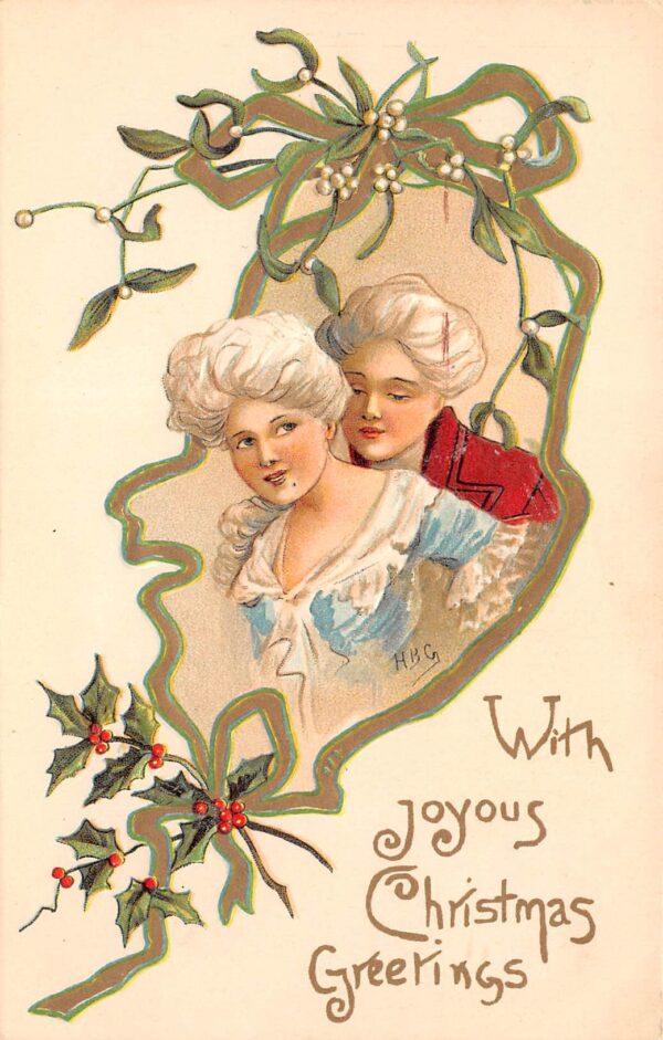 With Joyous Christmas Greetings, Cpuple In Embrace, Hollies, Embossed, PC U9420