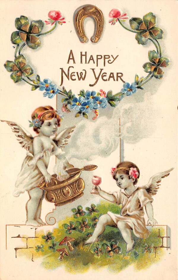 A Happy New Year Angels W/ Golden Vessel, Clovers & Horseshoe, Embossed, PCU9433
