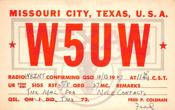 Missouri City Texas W5UV, Fred P. Coleman, QSL Two Way Radio Card PC U9442