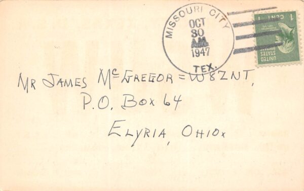Missouri City Texas W5UV, Fred P. Coleman, QSL Two Way Radio Card PC U9442 - Image 2