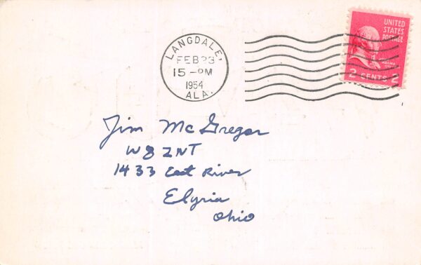 Langdale Alabama W4VUO, Harold Morris, QSL Two Way Radio Card Vintage PC U9444 - Image 2