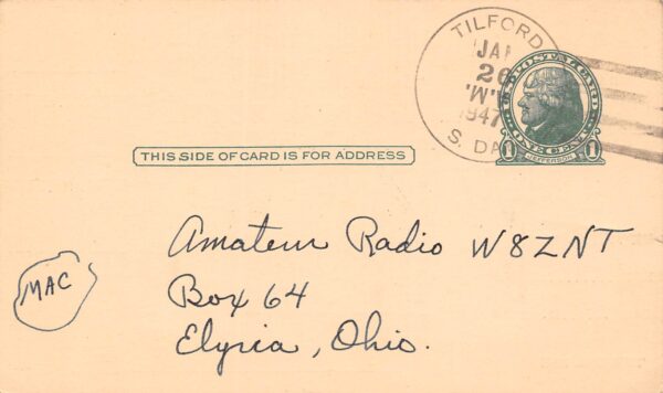 Tilford South Dakota WORWX, Daniel Weiers, QSL Two Way Radio Card PC U9451 - Image 2