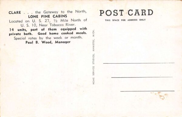 Clare Michigan Lone Pine Cabins, Sinclair Gas Sign, Vintage Postcard U9608 - Image 2