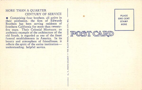 Los Angeles California Edwards Bros. Colonial Mortuary, Color Linen PC U9618 - Image 2