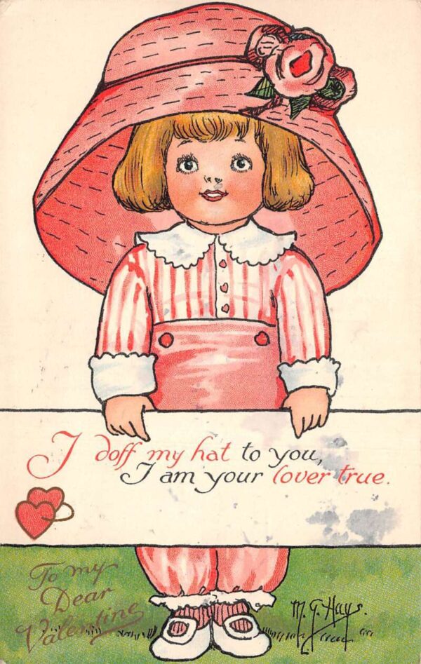Valentines Greetings Girl Wearing Big Hat Artist Signed Postcard AA70371