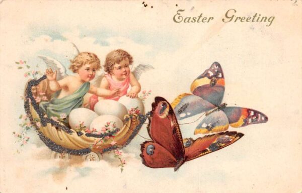 Easter Greetings Angels Egg Chariot with Butterflies Glitter Postcard AA70381