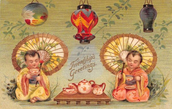 Friendship Greetings Geisha Babies Drinking Tea Vintage Postcard AA70382