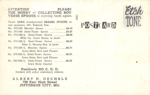 Jefferson City Missouri Souvenir Silver Enamel Spoons Of Iowa, B/W Photo Print PCU9748 - Image 2