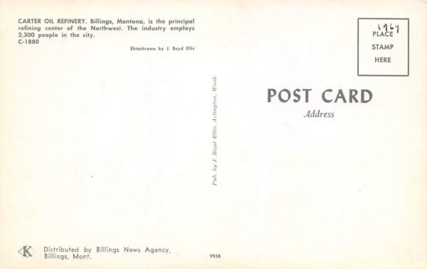 Billings Montana Carter Oil Refinery, Photochrome Vintage Postcard U9750 - Image 2
