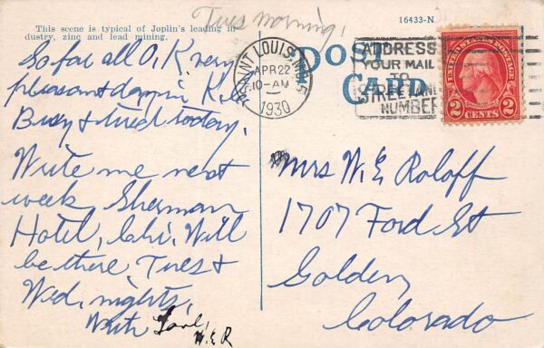 Joplin Missouri Weber Mine & Ore Pile, White Border Vintage Postcard U9775 - Image 2