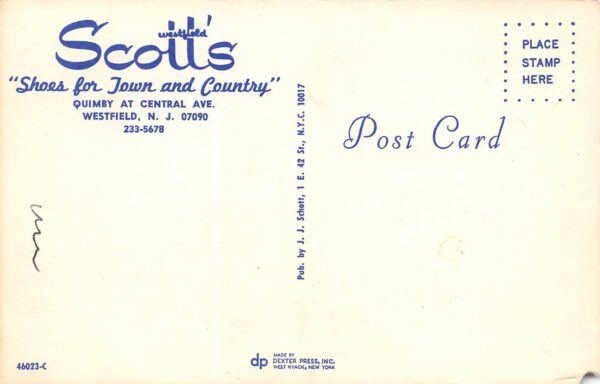 Westfield New Jersey Stott's Shoe Store, Photochrome Vintage Postcard U9822 - Image 2