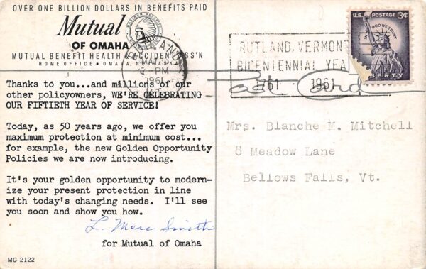 Omaha Nebraska Mutual Of Omaha Insurance Policy Ad, Photochrome Vintage PC U9833 - Image 2