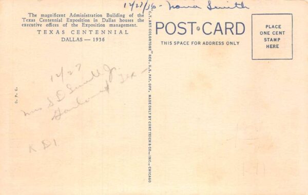 Dallas Texas Centennial Expo Admin Building Vintage Postcard AA70440 - Image 2