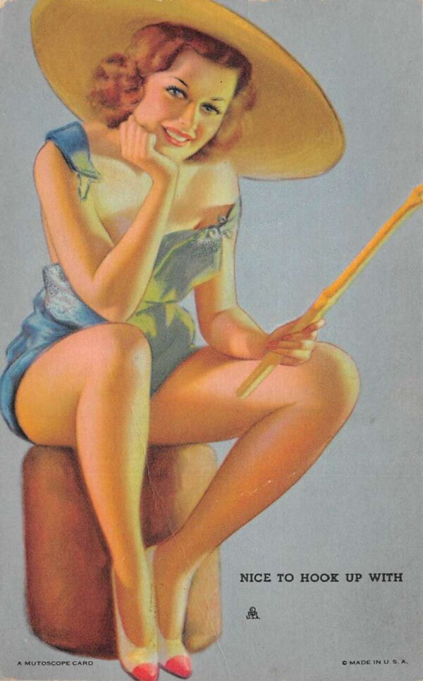 Pin Up Girl Fishing "Nice to Hook Up With" Vintage Arcade Card AA70464