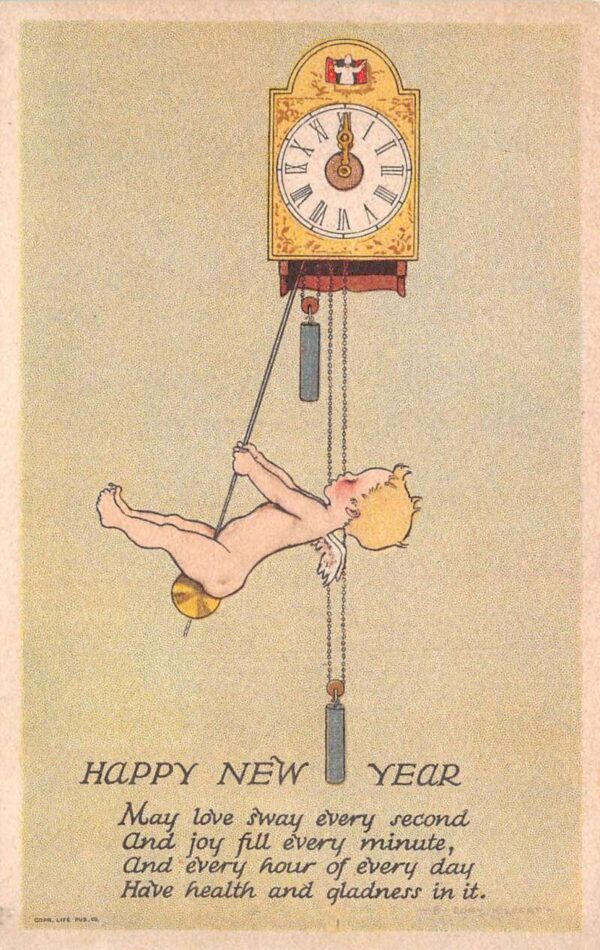 New Year Greetings Angel Cherub Swinging on Clock Vintage Postcard AA70494