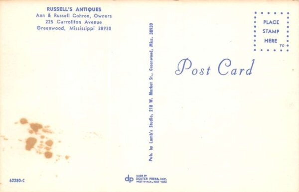 Greenwood Mississippi Russell's Antiques, Interior, Photochrome Vintage PC U9843 - Image 2