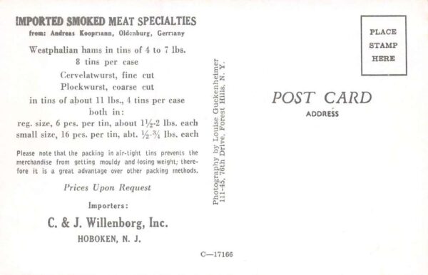 Hoboken New Jersey C.& J. Willenborg, Inc., Imported Smoked Meats, PC U9866 - Image 2