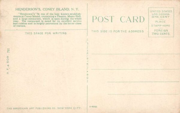 Coney Island New York Henderson's Theatre, Music Hall, & Restaurant PC U9893 - Image 2