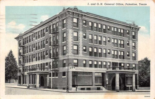 Palestine Texas I. & G.N. General Office, Sky Tinted Vintage Postcard U9905