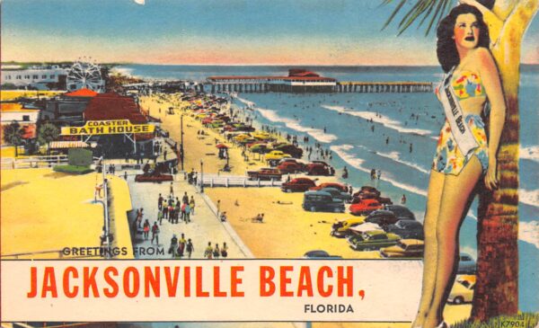 Jacksonville Beach Florida Greetings, Ms. Jacksonville Beach & Boardwalk Color Linen PC U9951