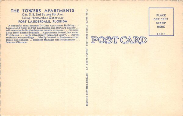 Ft. Lauderdale Florida The Towers Apartments, Divided Back Vintage PC U9956 - Image 2