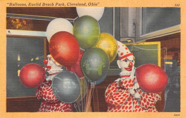 Cleveland Ohio Euclid Beach Park, Clowns W/ Balloons, Color Linen PC U10082