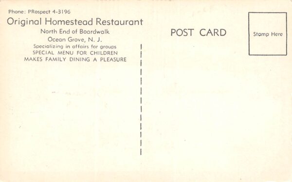 Ocean Grove New Jersey Homestead Restaurant, Divided Back Vintage PC U10128 - Image 2